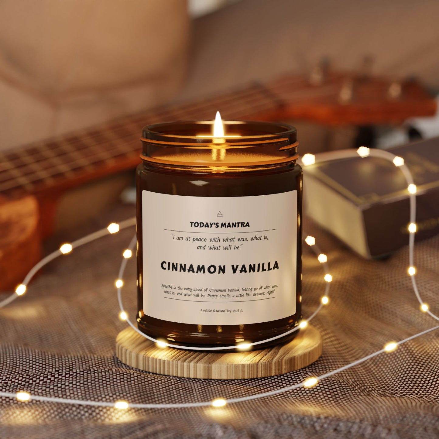 Cinnamon Vanilla Scented Soy Candle | "At Peace" Mantra | Amber Jar