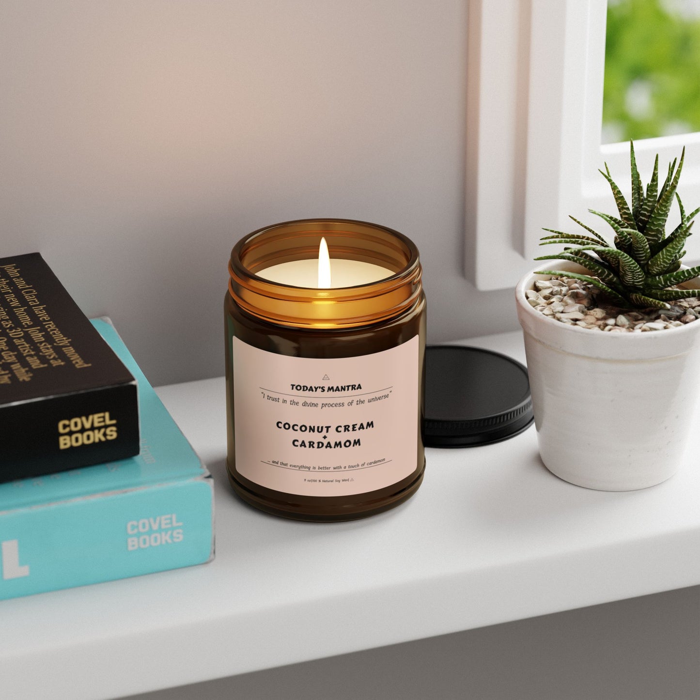 Coconut Cream + Cardamom Scented Soy Candle | Divine Mantra | Amber Jar