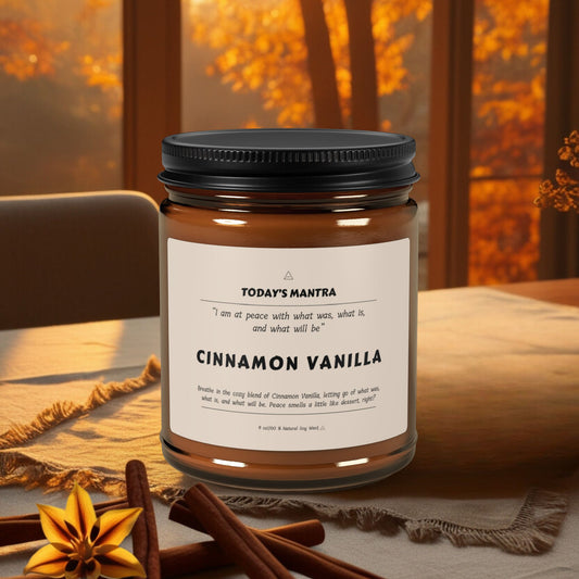 Cinnamon Vanilla Scented Soy Candle | "At Peace" Mantra | Amber Jar