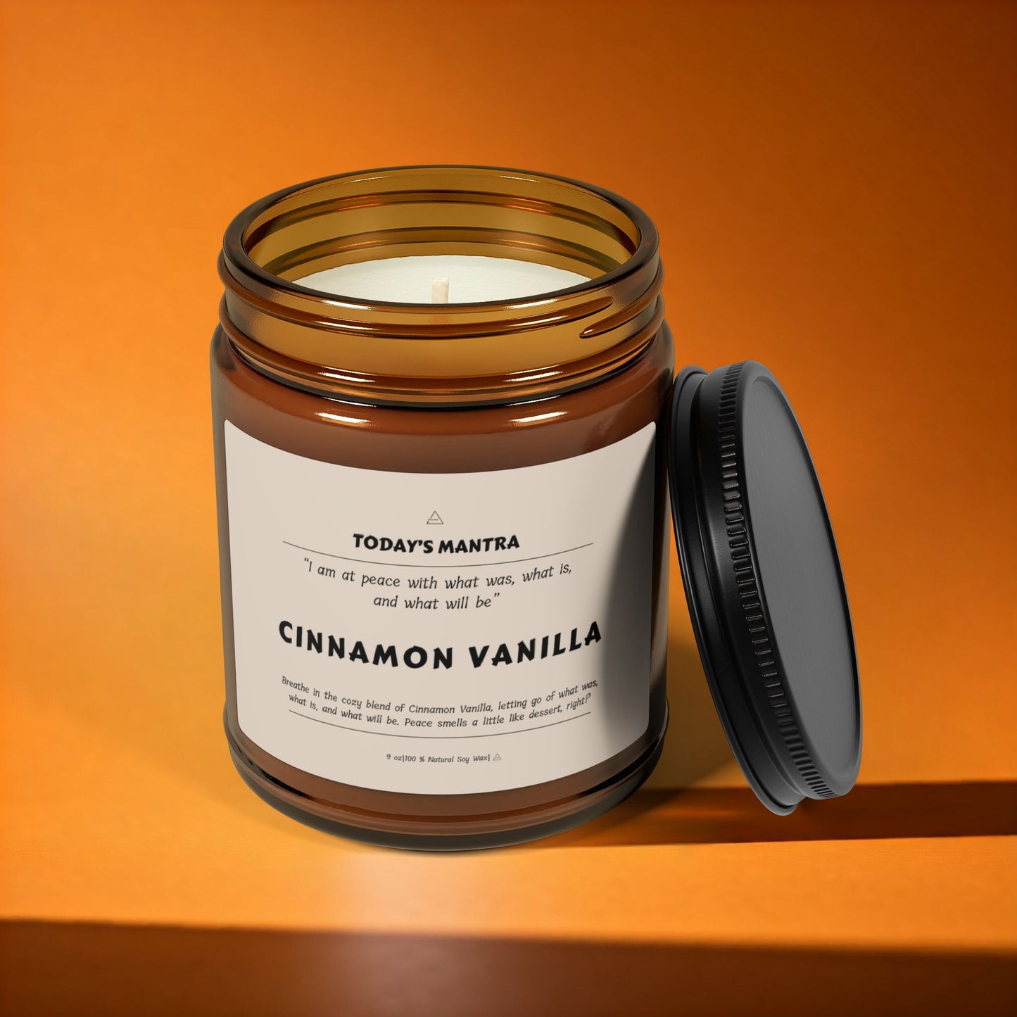 Cinnamon Vanilla Scented Soy Candle | "At Peace" Mantra | Amber Jar