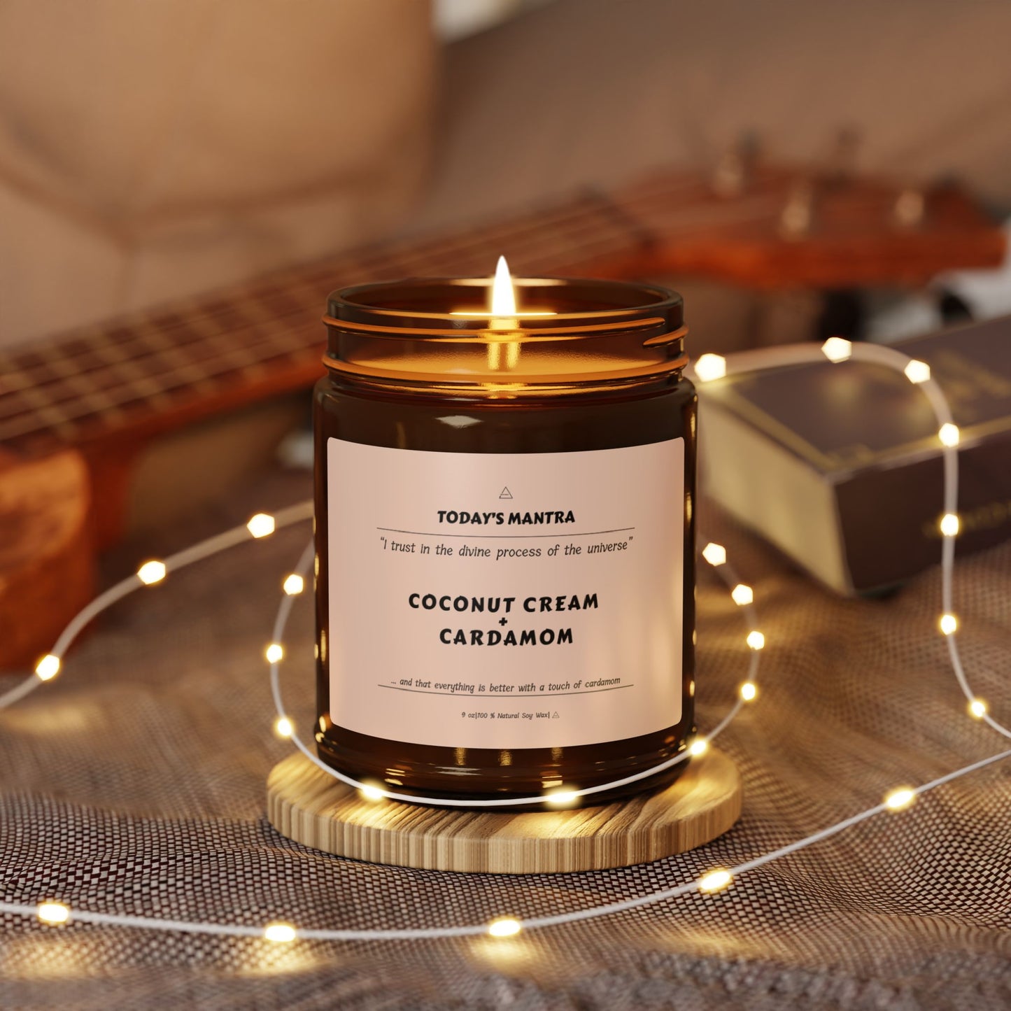 Coconut Cream + Cardamom Scented Soy Candle | Divine Mantra | Amber Jar